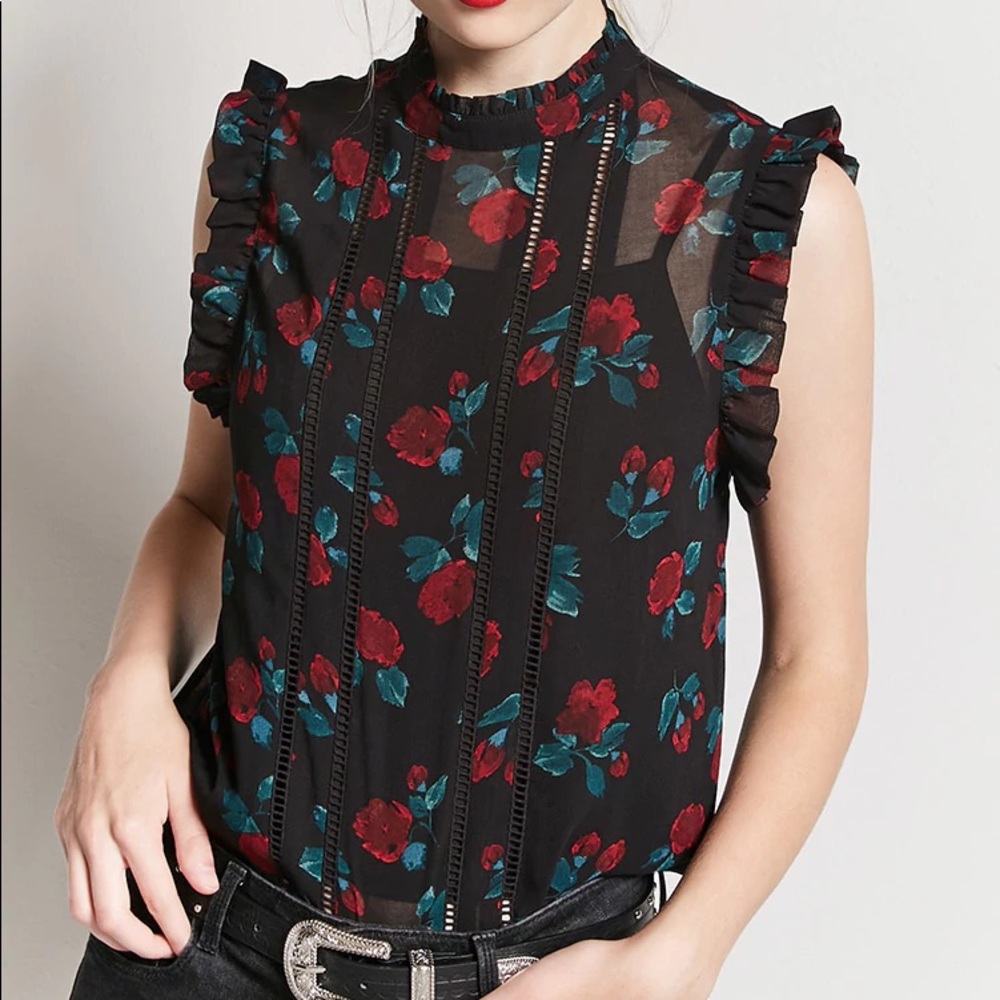 Rose print sheer sleeveless top Size Small